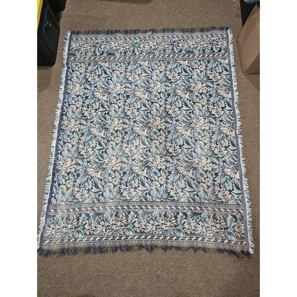 Goodwin‎ Weavers Throw Blanket ~ 50x63 Blue Floral Cotton Fringe Reversible USA